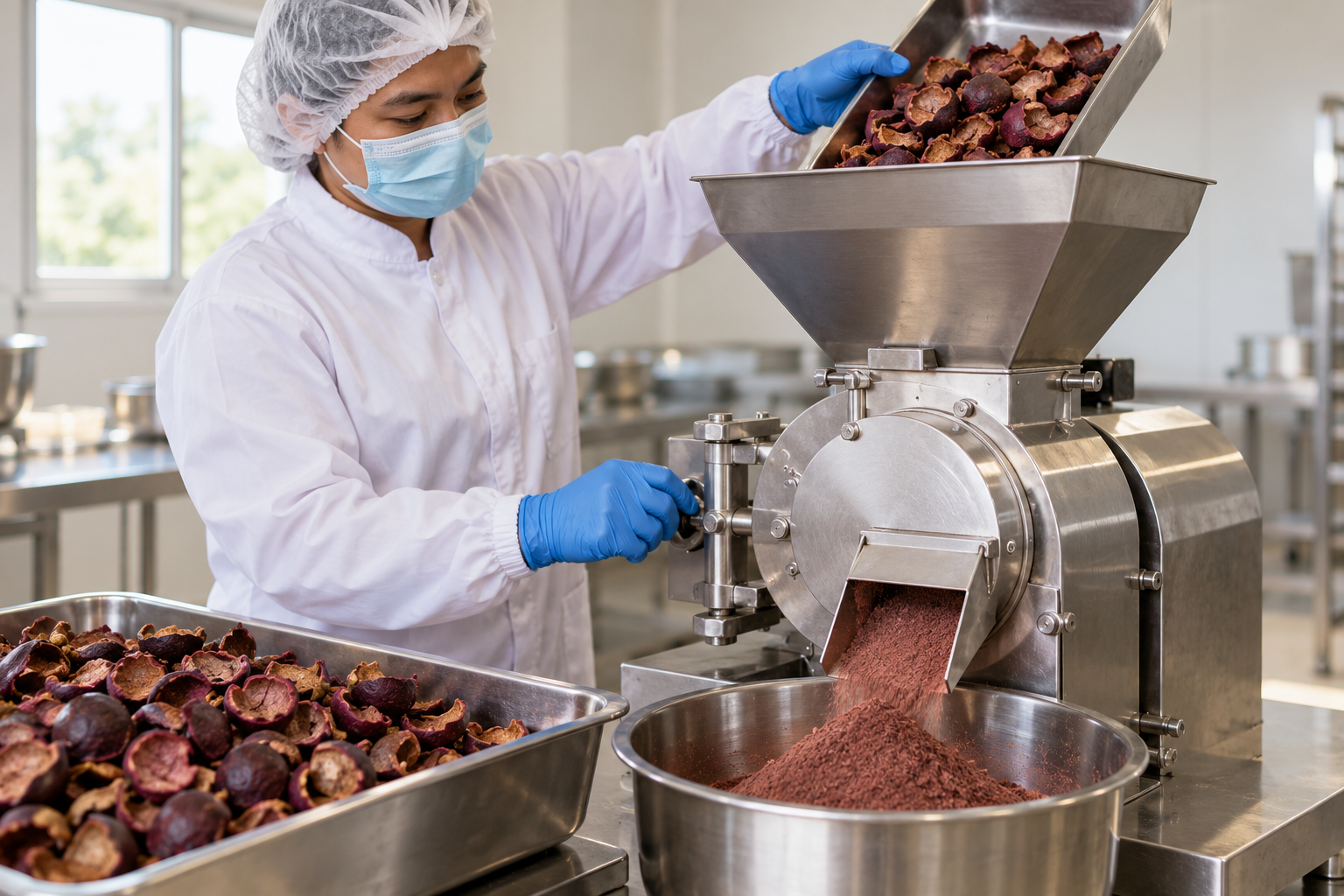 Illustration of a protected production worker milling dried mangosteen pericarp into powder