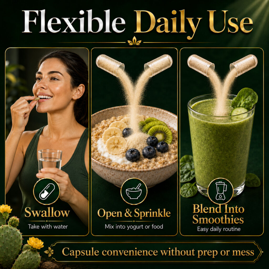Nopal capsules with water, food or smoothies