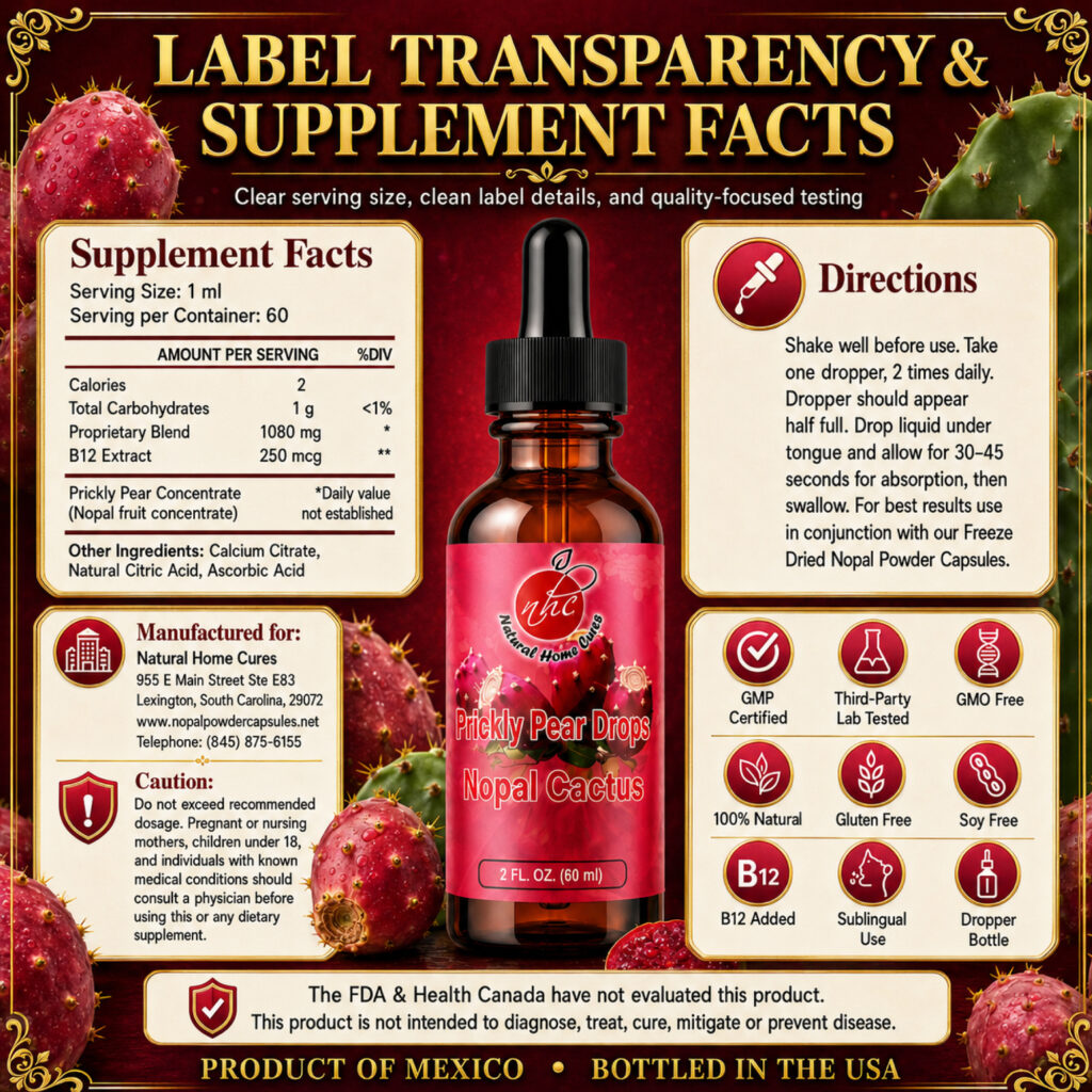 Natural Home Cures Prickly Pear Drops: The label