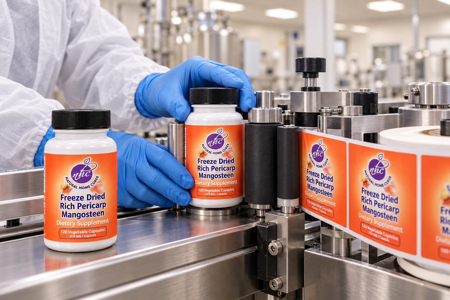 Illustration of compact mangosteen bottles receiving orange Natural Home Cures branded labels