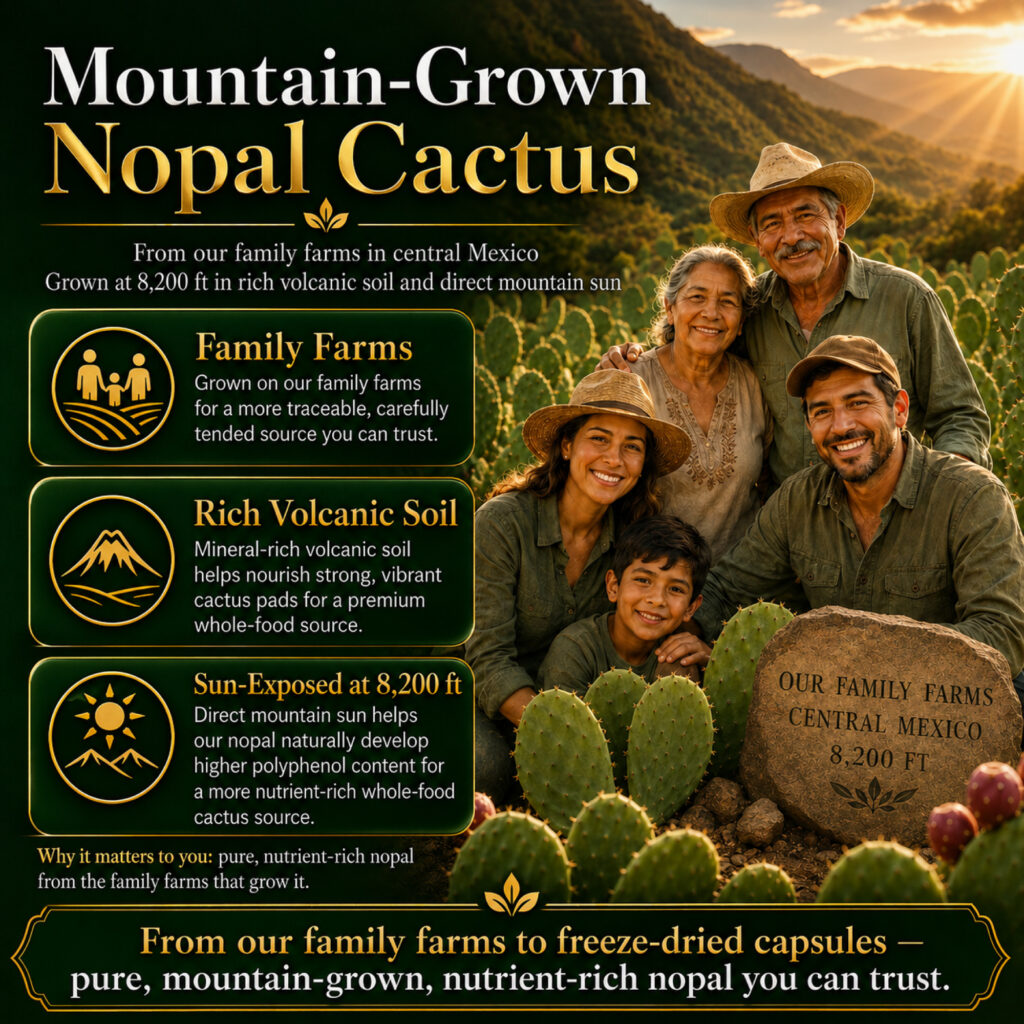 Nopal growing on our mountain farms in Central Mexico