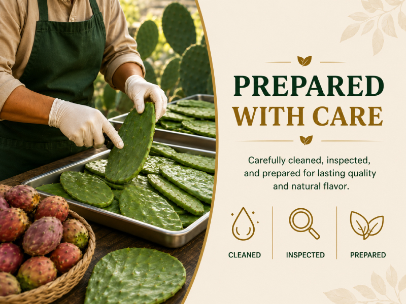Nopal pads being cleaned and prepared