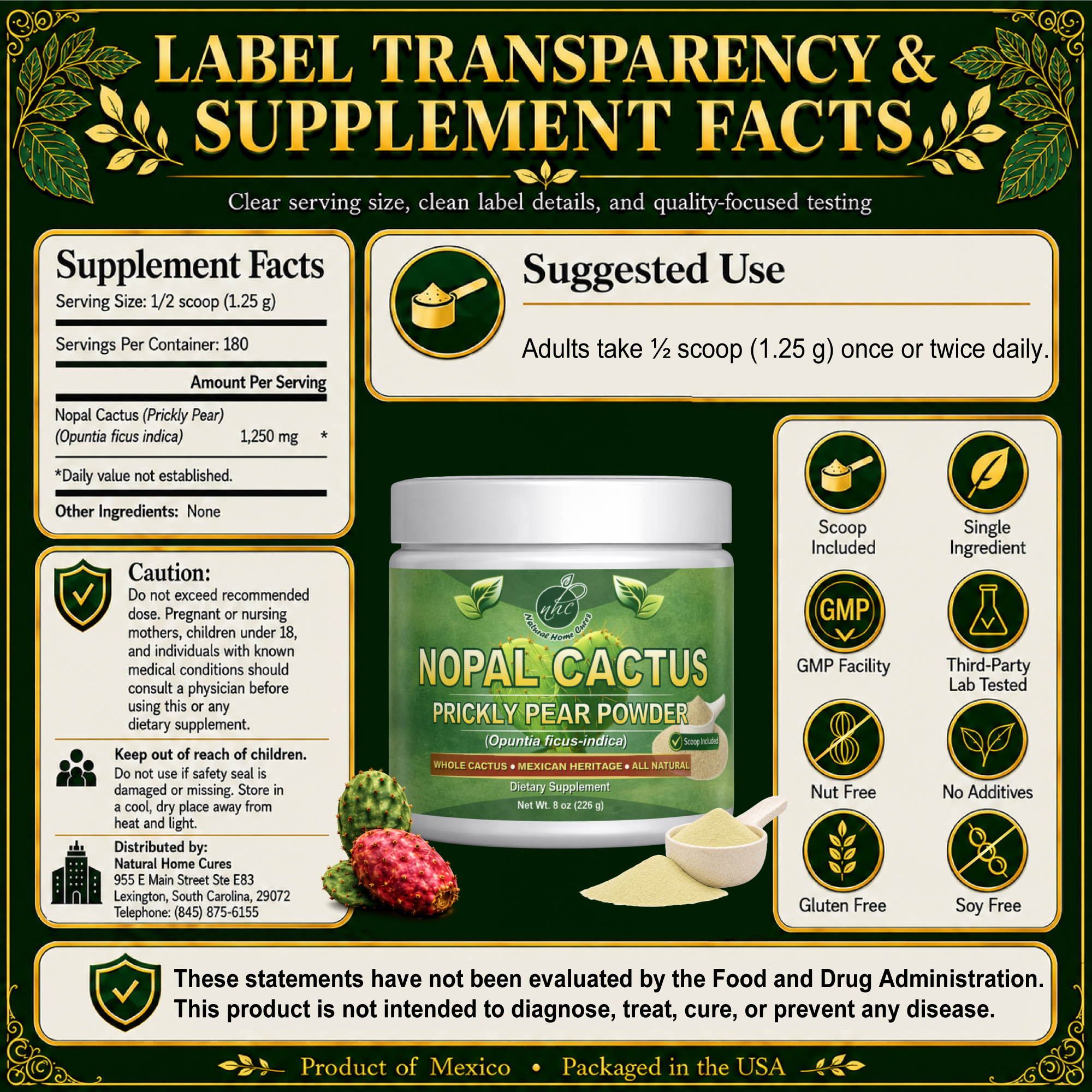 Natural Home Cures Nopal powder Supplement Facts and serving directions