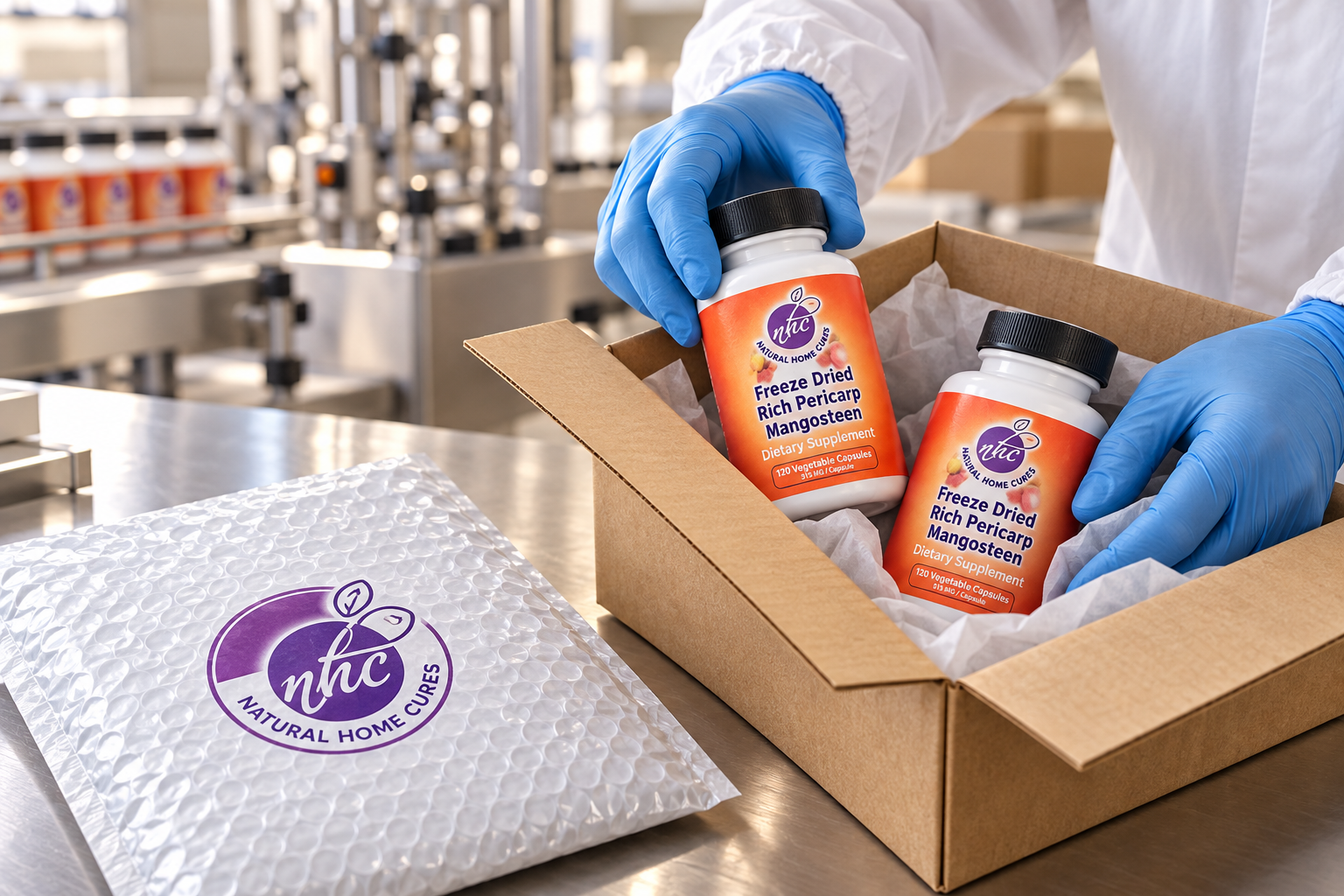 Illustration of Natural Home Cures bottles packed beside a white bubble mailer bearing the NHC emblem