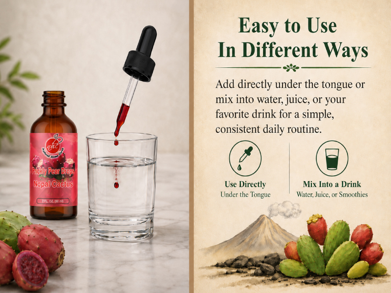 Artwork showing Prickly Pear Drops measured with a dropper beside a glass