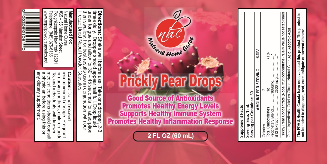 Natural Home Cures Prickly Pear Drops label showing Supplement Facts, other ingredients, serving directions, and cautions