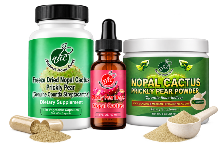 Natural Home Cures products from left to right: Nopal capsules, prickly pear drops, and Nopal powder, with opened capsules and a powder scoop