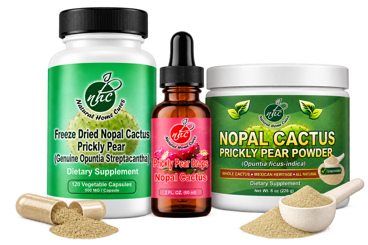 Natural Home Cures Nopal capsules, prickly pear drops, and powder