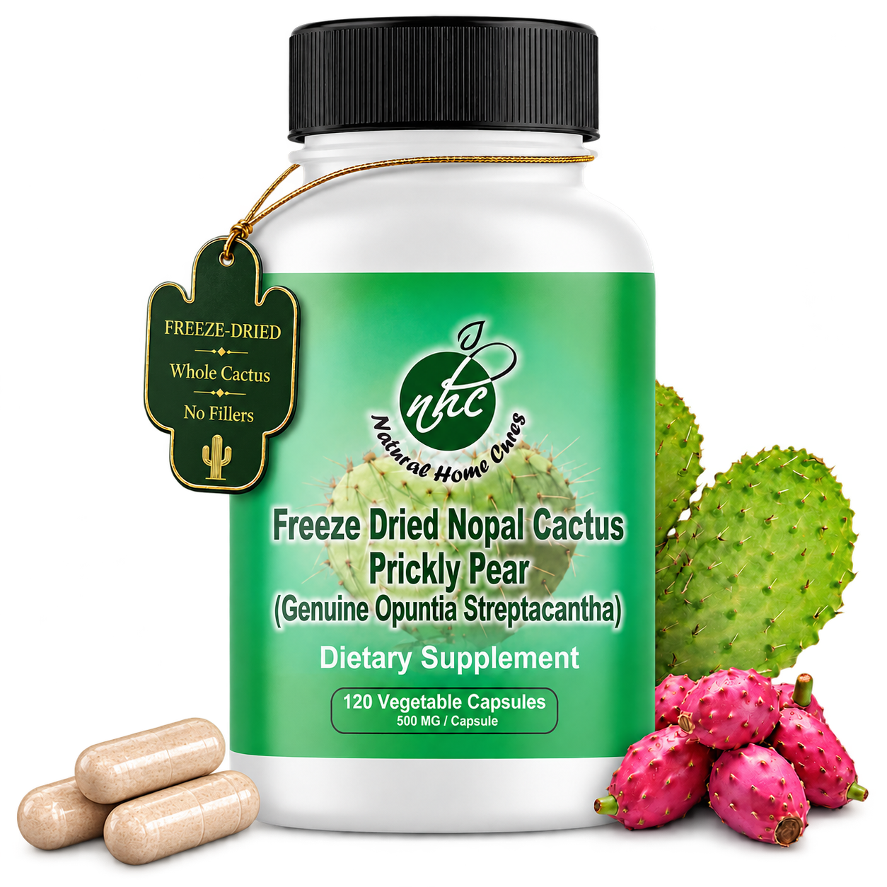 Natural Home Cures Nopal capsule bottle with cactus and capsules
