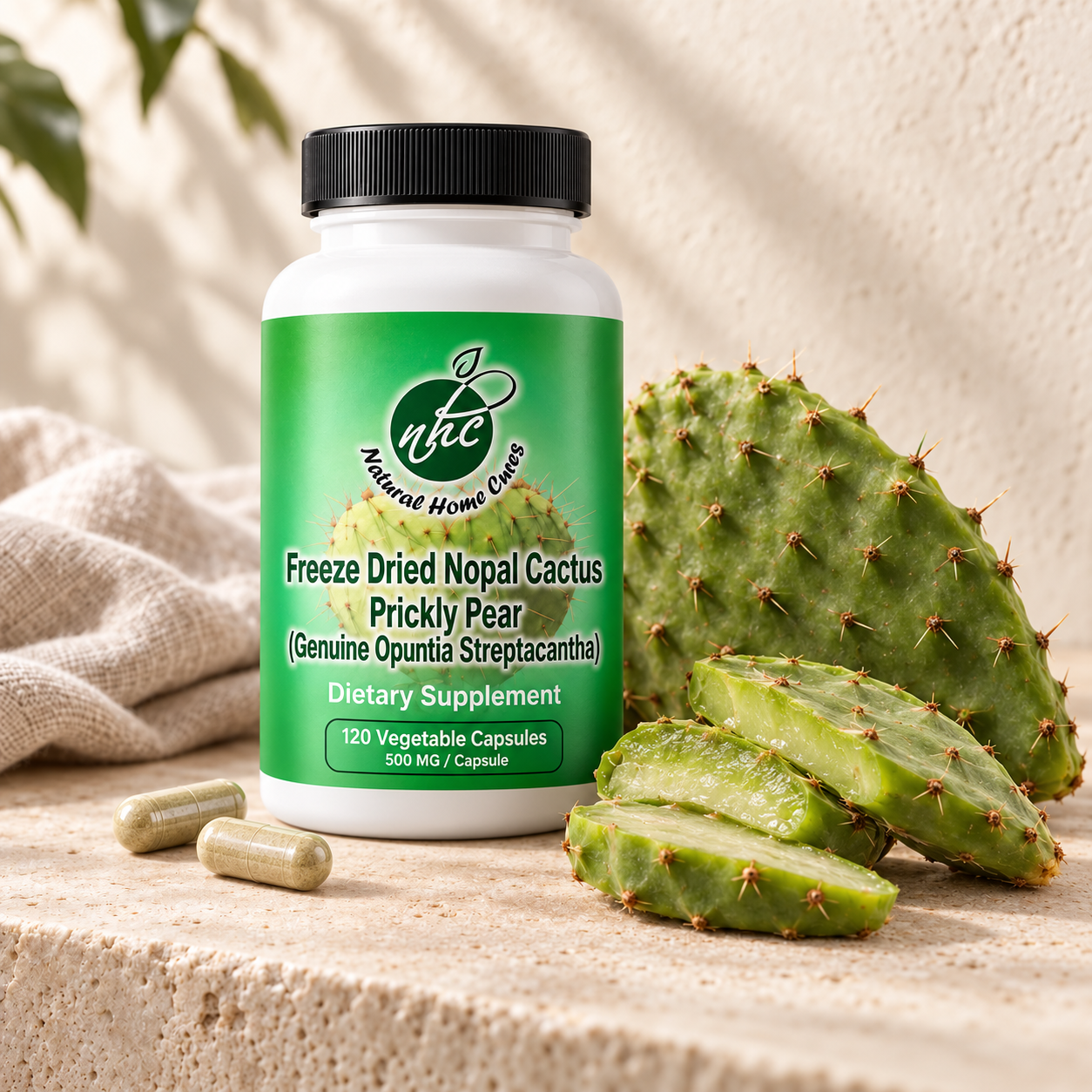Natural Home Cures Nopal capsule bottle with green cactus pads on sunlit limestone beside folded linen