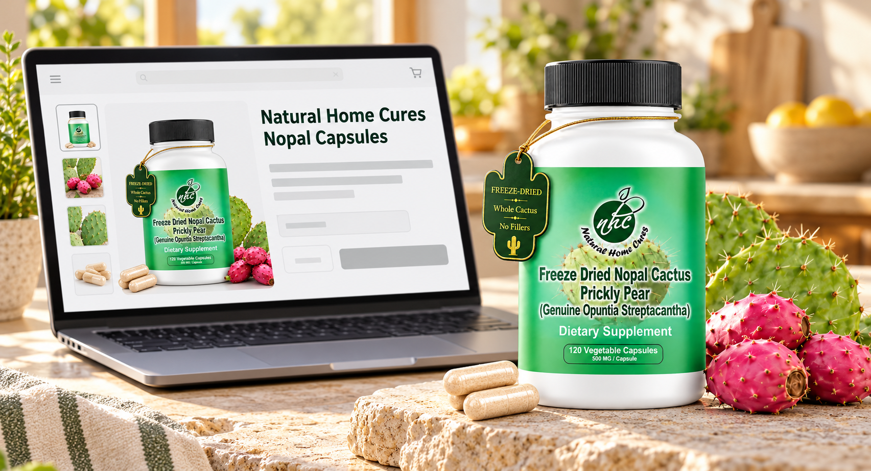 Natural Home Cures green Nopal capsule bottle beside a laptop displaying the same Nopal product