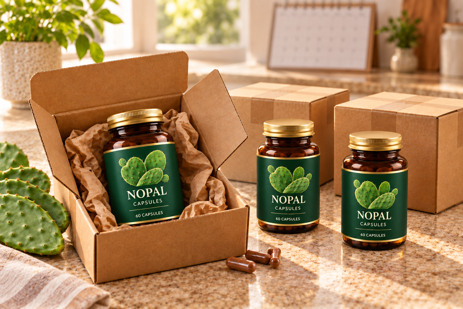 Illustration of fictional green-label Nopal capsule bottles arriving in repeated delivery boxes
