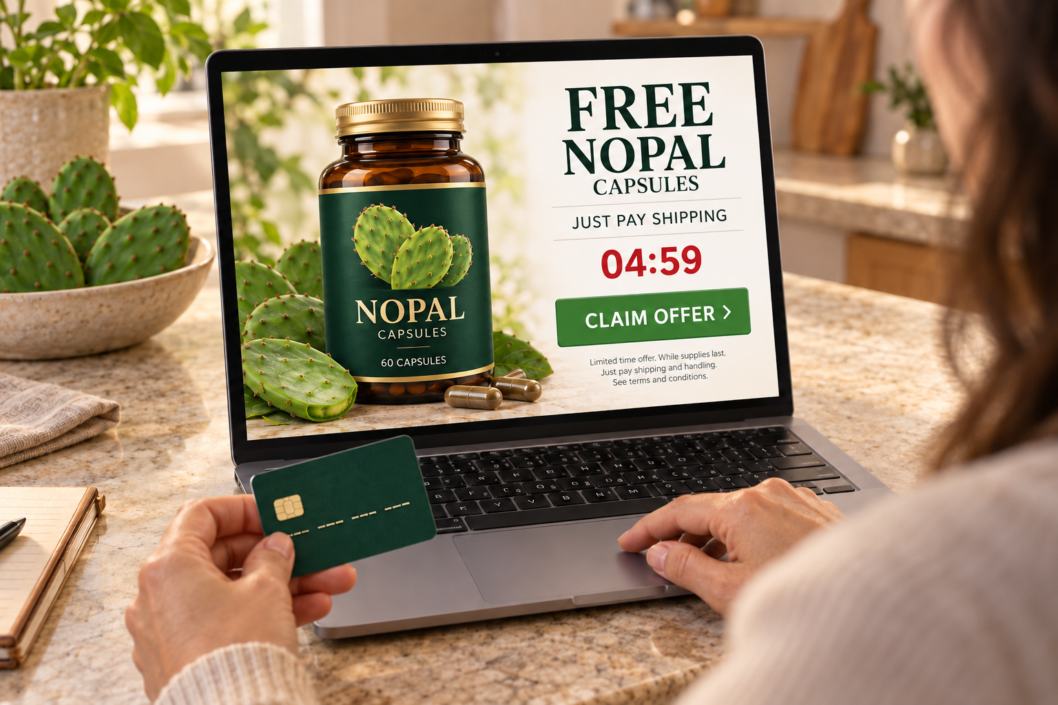 Illustration of a shopper holding a generic card at a laptop showing a fictional Nopal capsule free-trial offer