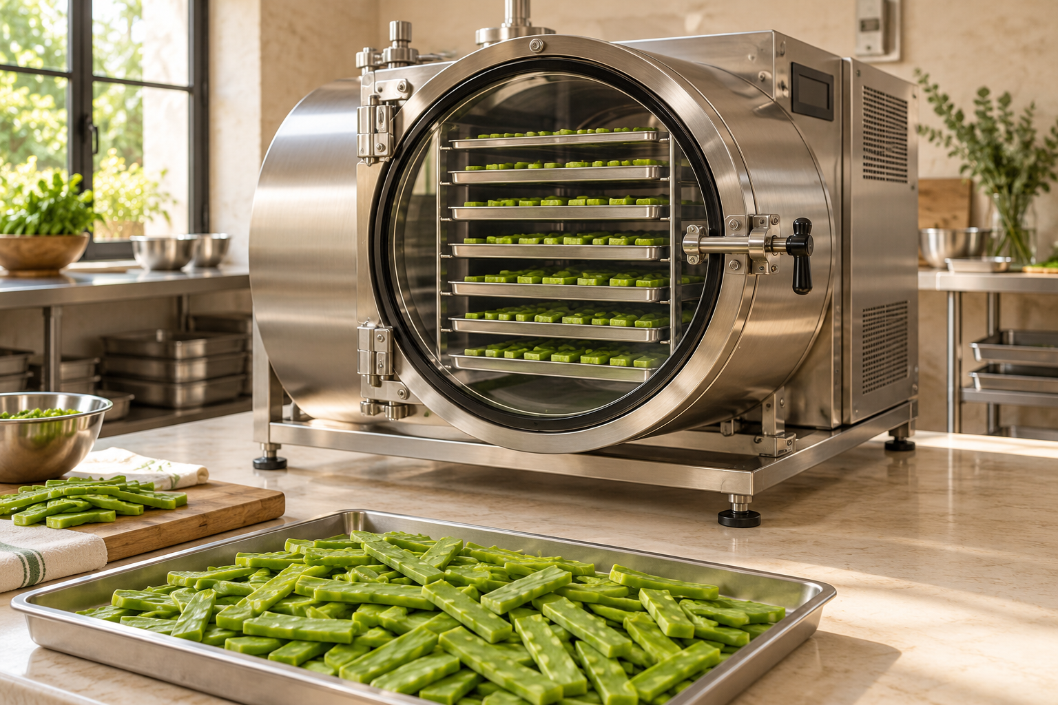 Nopal Freeze-Drying — Equipment and Prepared Pads (illustration)