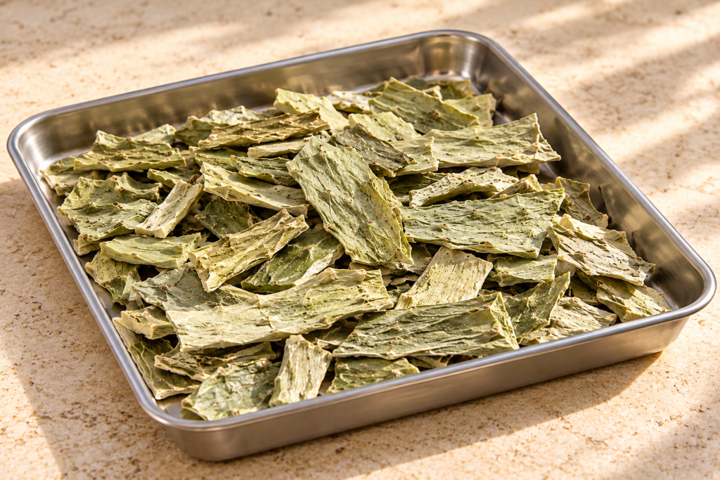 Illustration of dried Nopal pad pieces before milling
