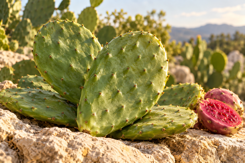 Illustration of Nopal cactus pads and prickly pear fruit on limestone