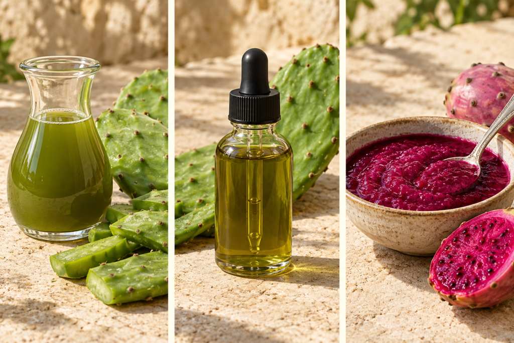Illustrative comparison of pad-derived concentrate, botanical extract, and prickly pear fruit puree