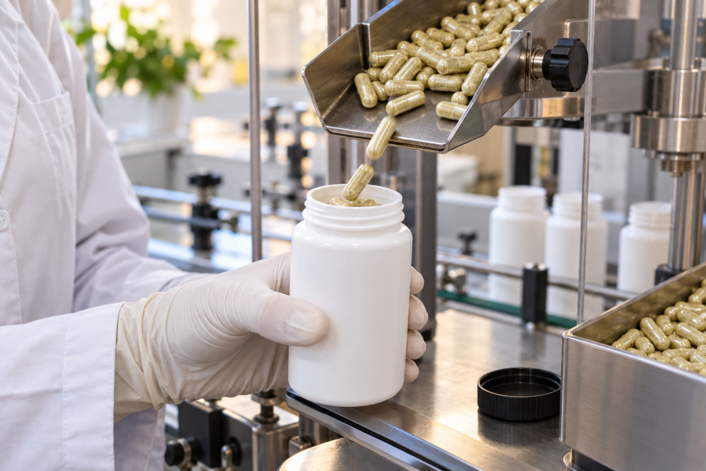 Capsules counted into a Natural Home Cures bottle