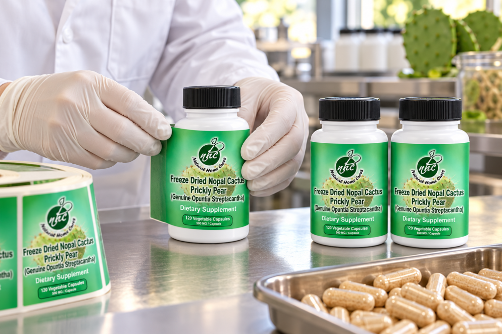 Applying a green Natural Home Cures Nopal capsule label to a capped bottle