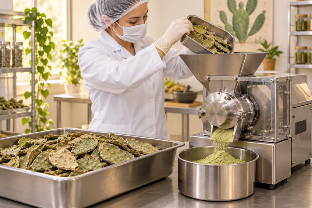 Dried Nopal material being milled into powder