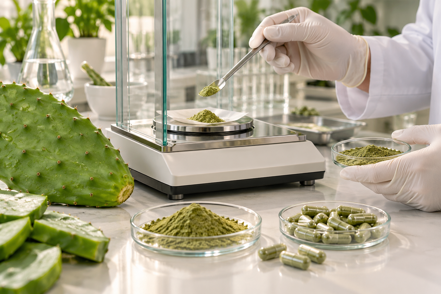 Illustration of green Nopal pad powder being weighed in a laboratory