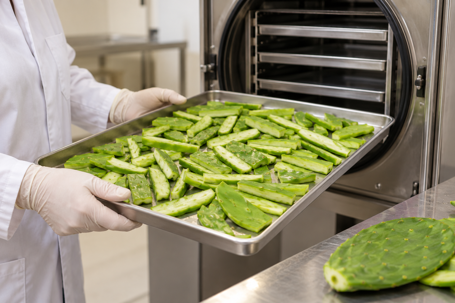 Illustration of a gloved worker holding a tray of prepared Nopal beside an open freeze dryer.