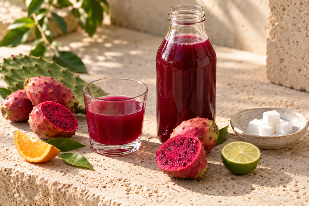 Prickly pear juice, citrus and sugar illustration
