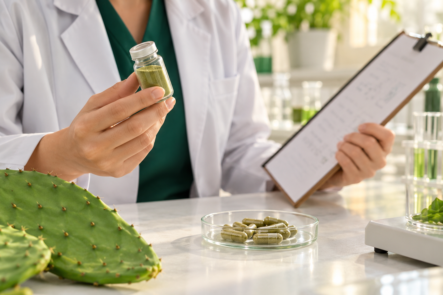 Illustration of a scientist examining a botanical sample beside Nopal pads
