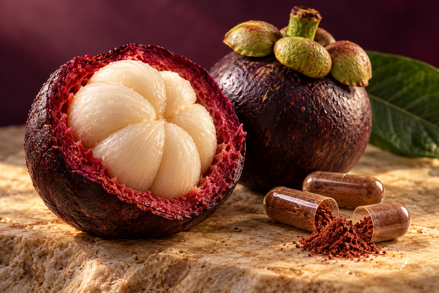 Illustrative close-up of mangosteen fruit showing thick purple pericarp beside capsules and pericarp powder