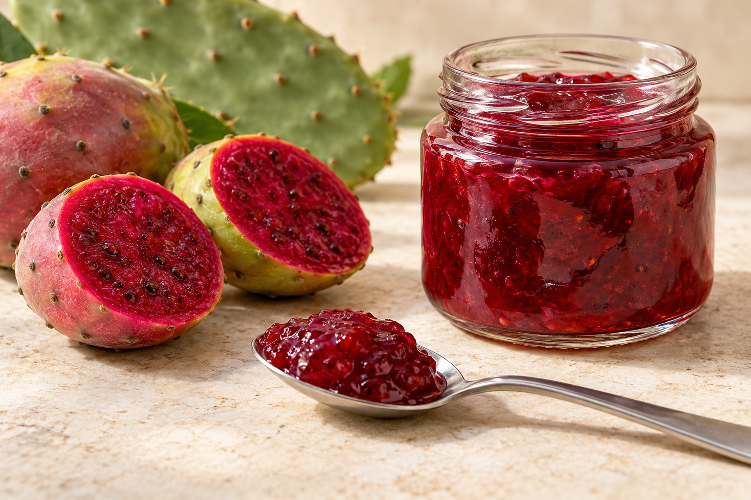 Illustration of prickly pear fruit beside a jar and spoonful of set jam.
