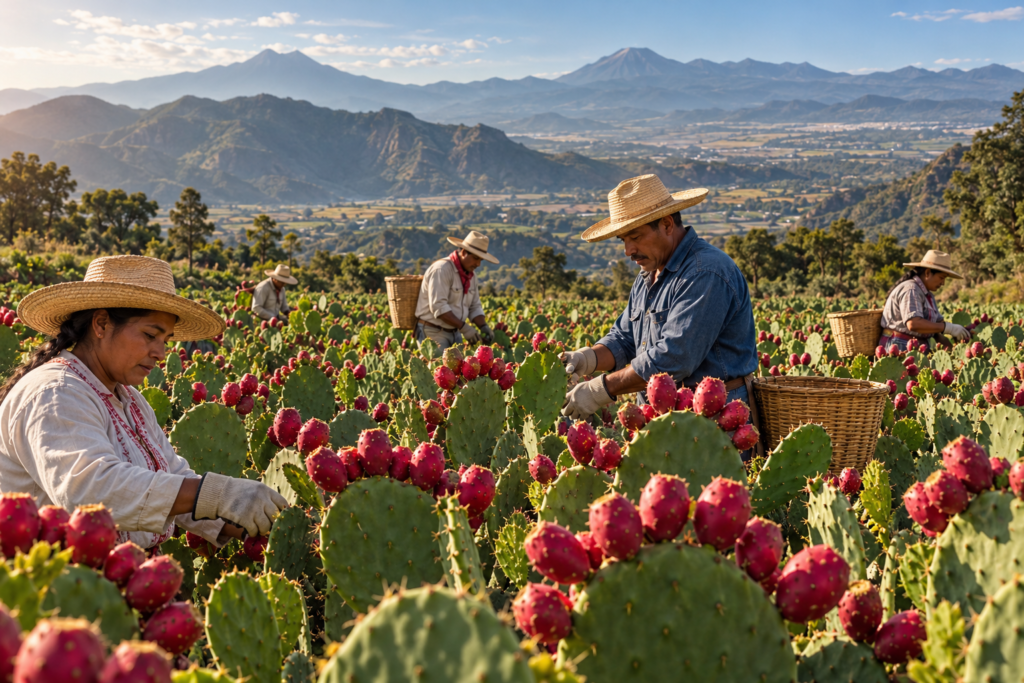 Process illustration: The harvest begins with people working among the cactus rows.
