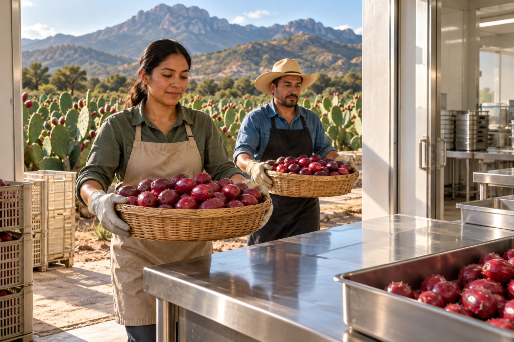 Process illustration: The gathered fruit moves from the farm into preparation.