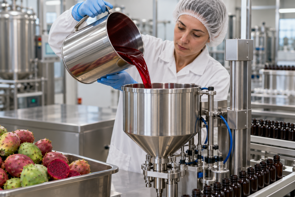 Process illustration: The liquid is transferred into the dispenser for bottling.