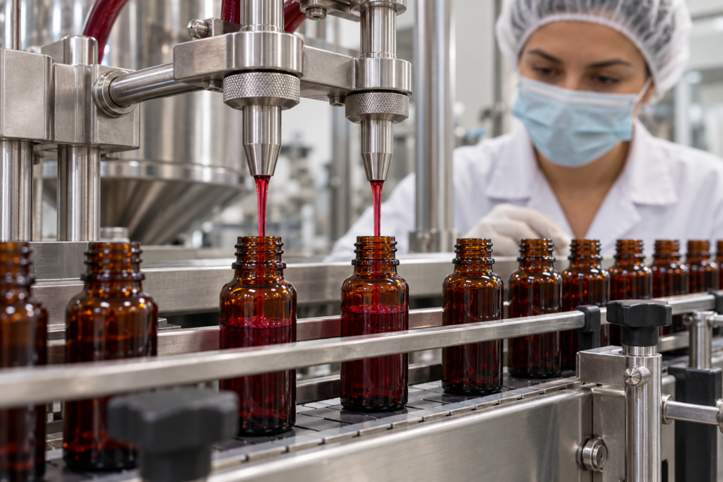 Prickly pear liquid filled into amber bottles