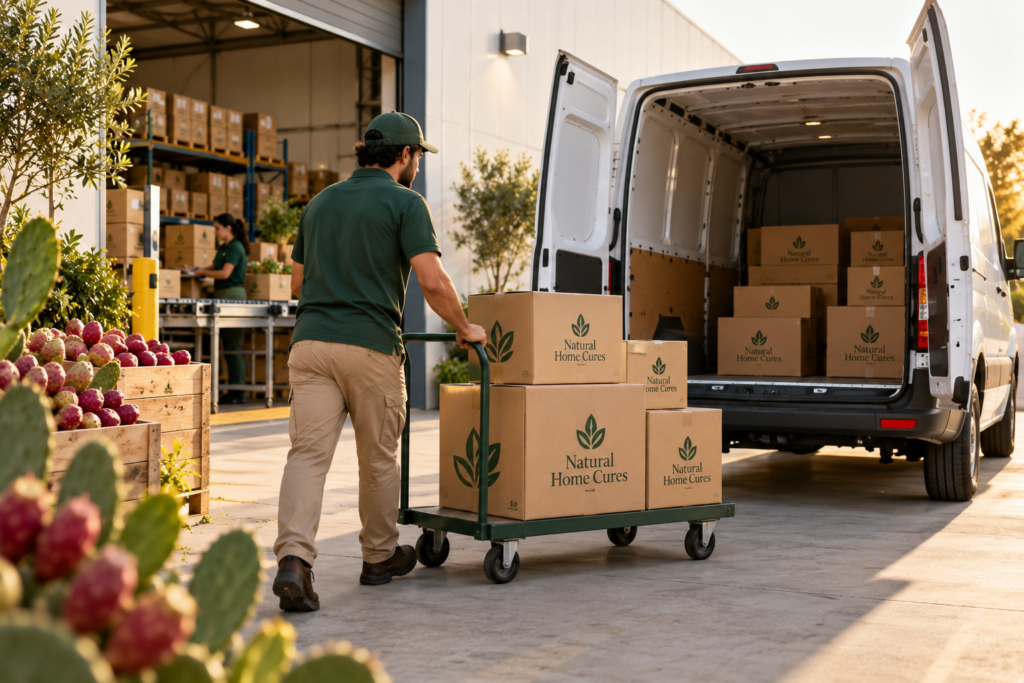 Process illustration: Packed orders leave the fulfillment area for delivery.