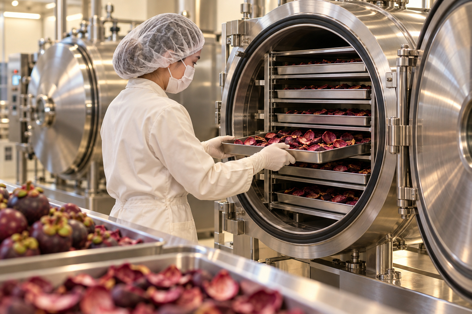 Illustrative worker loading prepared rind into a freeze dryer