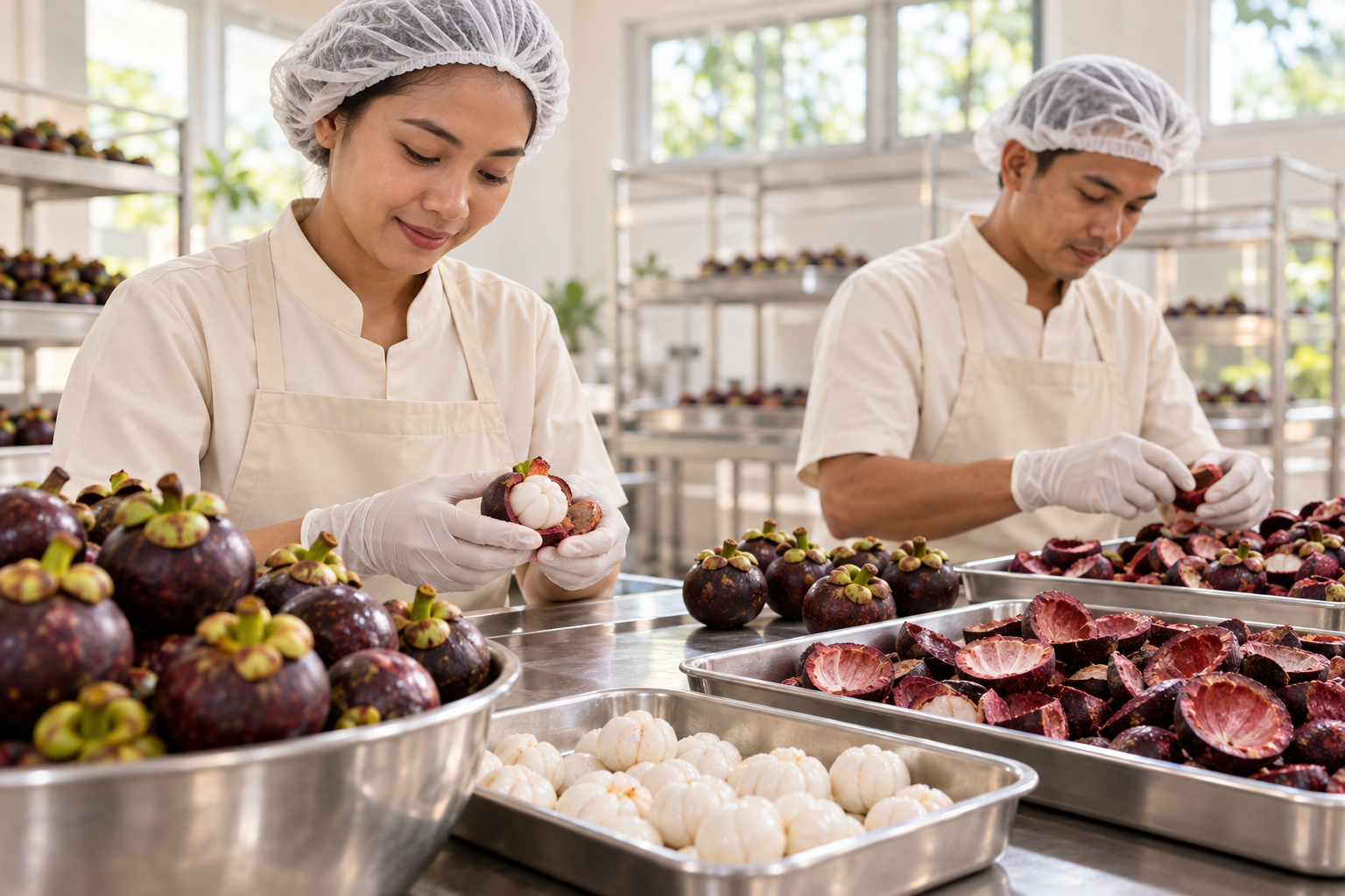 Illustrative workers inspecting and preparing mangosteen pericarp