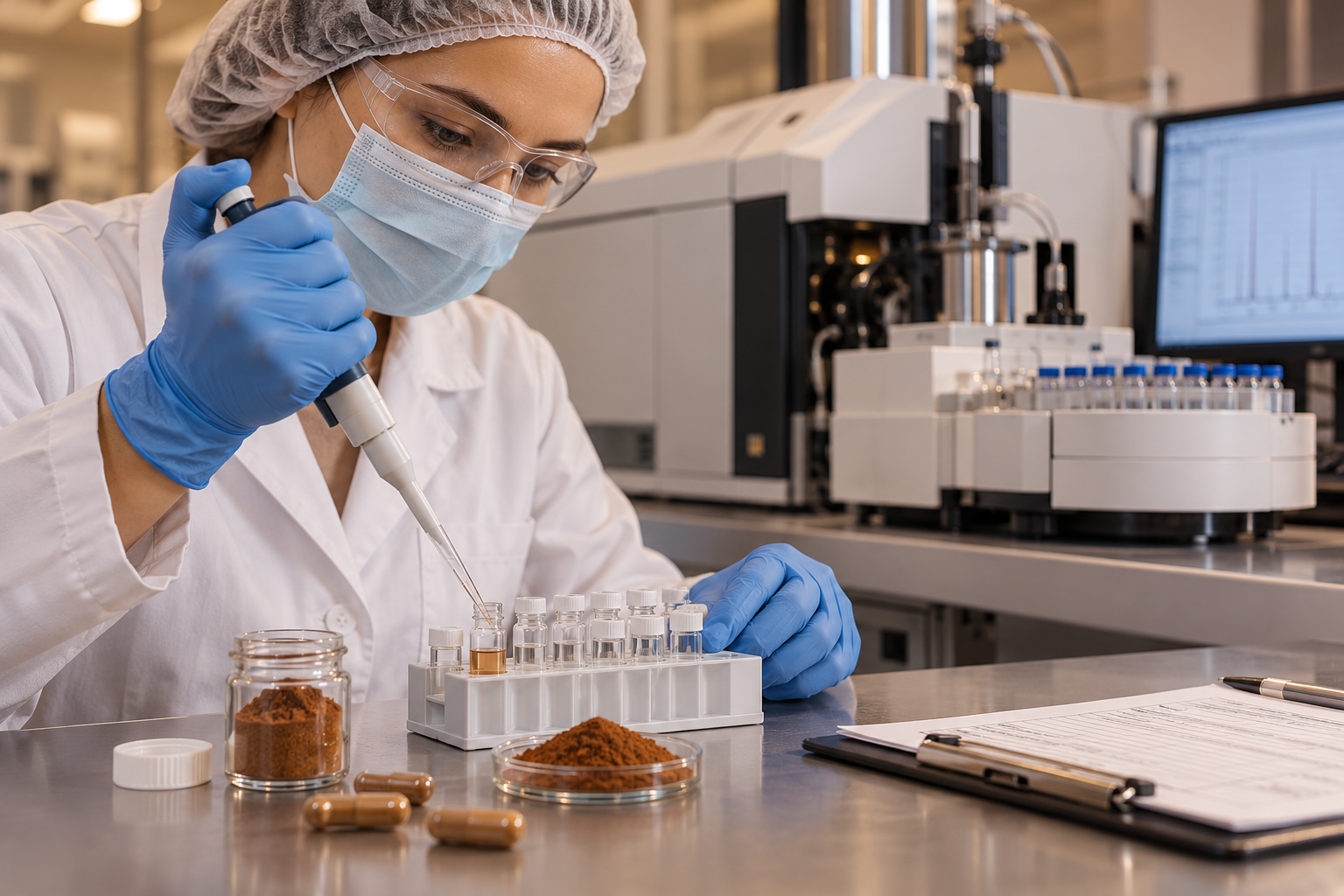 Illustration of an analyst pipetting a botanical sample into a vial beside analytical equipment and sample records