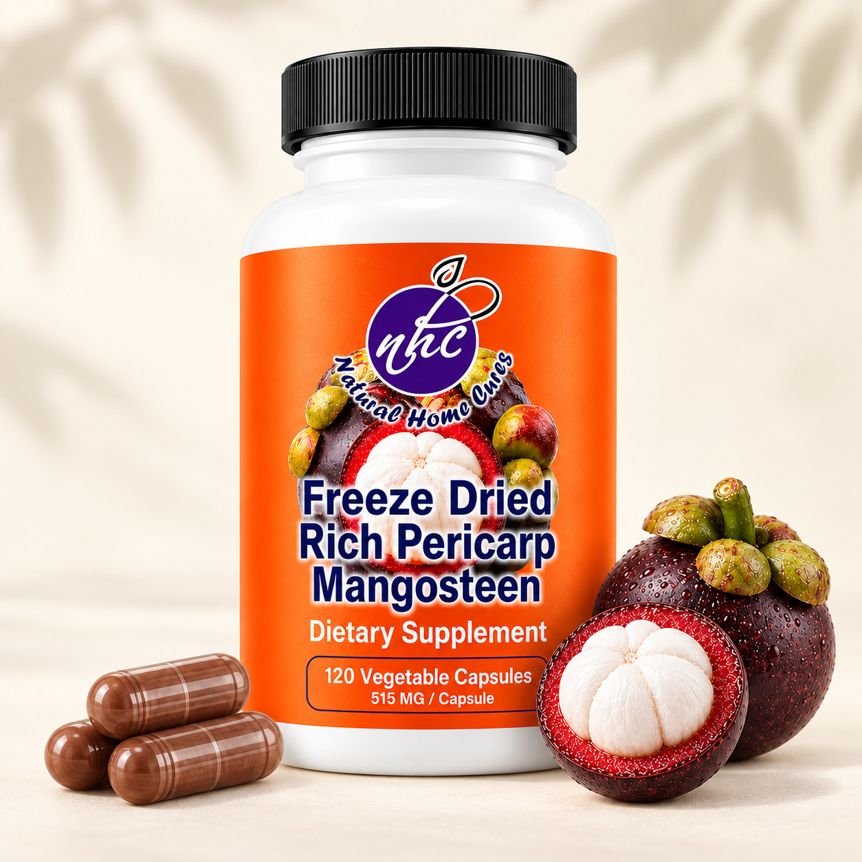 Natural Home Cures orange-label mangosteen bottle with black cap