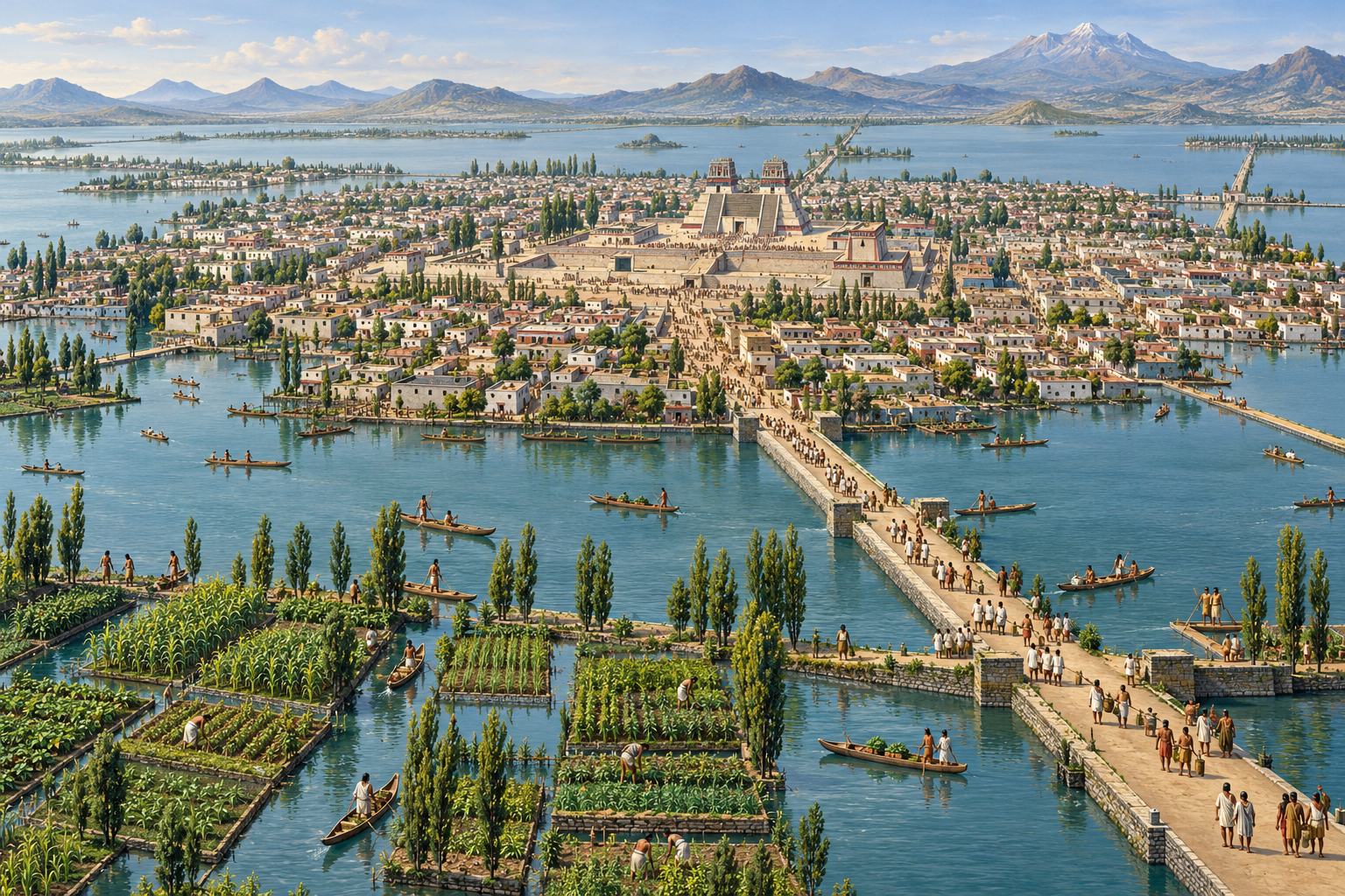 Artist’s interpretation of Tenochtitlan with canals, causeways, cultivated plots and a central temple precinct.
