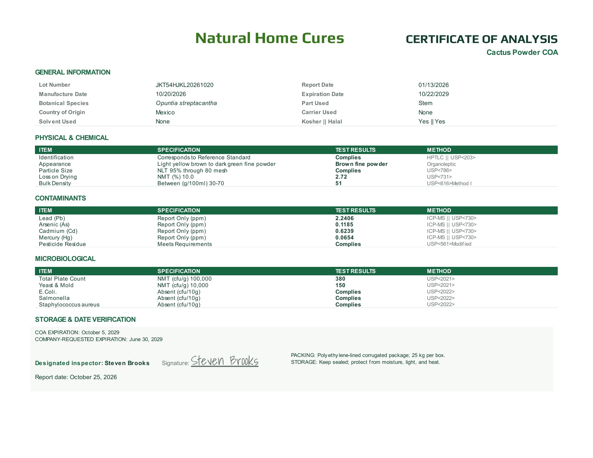 Supplied Natural Home Cures cactus powder certificate for lot JKT54HJKL20261020; see the adjacent date clarification